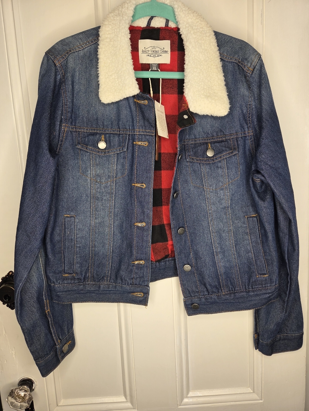 Women's Blue Denim Jacket with White Sherpa Collar and Red Plaid Lining